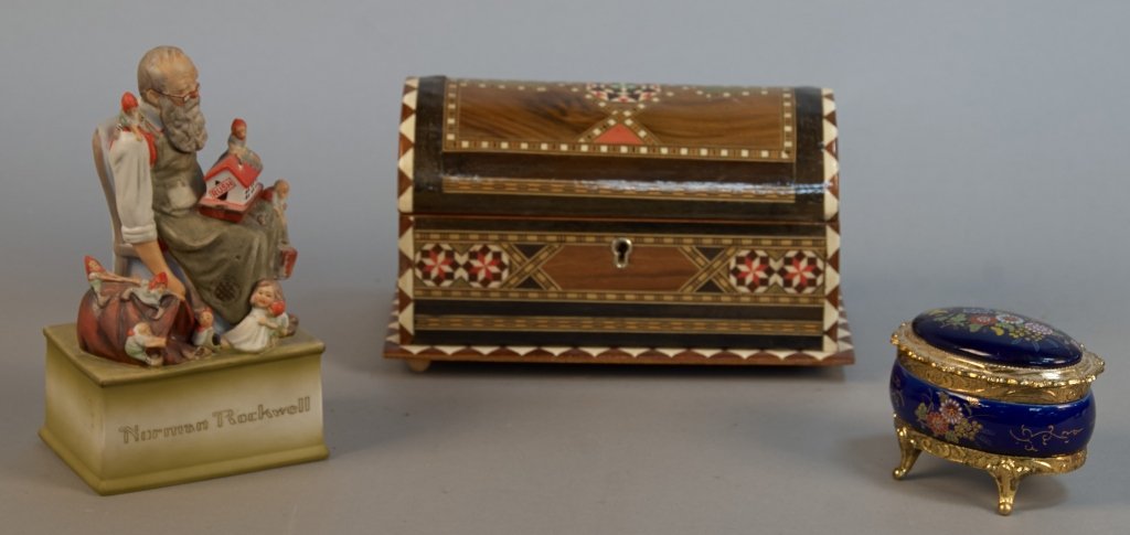 Lot Of 3 Wind-Up Music Jewelry-Type Boxes w/ Lids:: Lot Of 3 Wind-Up Music Jewelry-Type Boxes w/ Lids: 1 - Oval painted ceramic box - 4" x 3"h, 1 - Wooden w/ curved lid - 8" x 5" x 4"h & 1 - Norman Rockwell "We Wish You a Merry Christmas", The Saturday