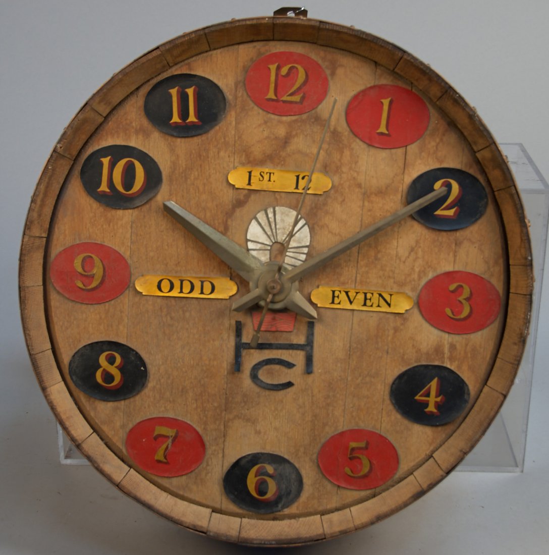 Roulette "HC" Wall Mount Oak Barrel Folk Art Clock: Roulette "HC" Wall Mount Oak Barrel Folk Art Clock, "1st 12 - Odd - Even" - 22"d