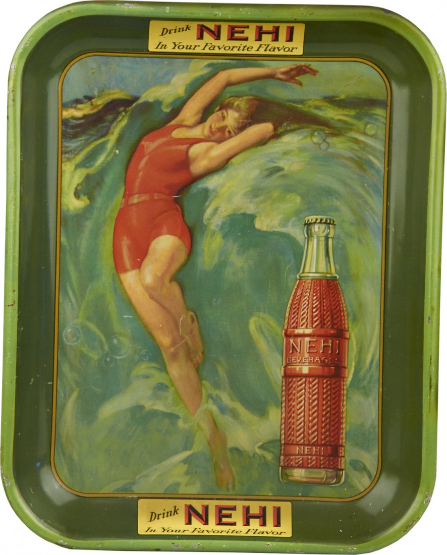 Vintage Drink Nehi Tin Serving Tray: Vintage Drink Nehi Tin Serving Tray featuring lady in orange swimsuit "Drink Nehi in Your Favorite Flavor", Nehi Beverages c1920s - 10"w x 13"h