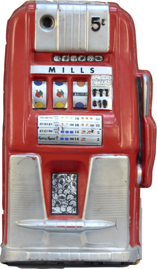 Mills 5 Cent Embossed Slot Machine Plastic Advertisemen: Mills 5 Cent Embossed Slot Machine Plastic Advertisement Sign, In shape of slot machine, By American Display c1950 - 16" x 27"
