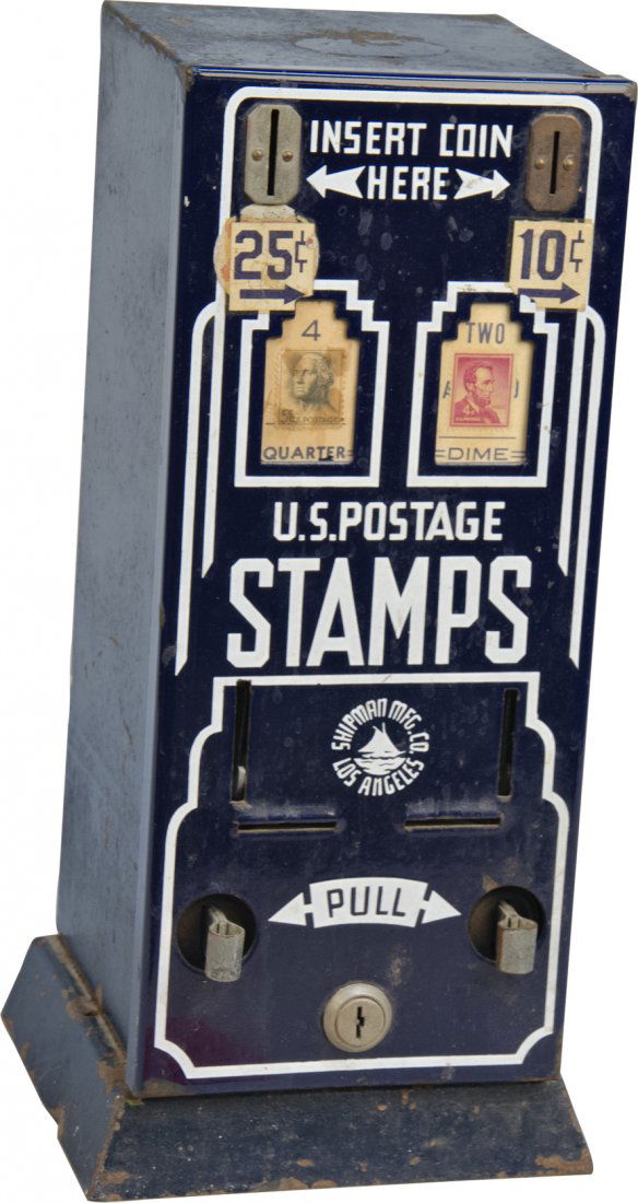 10 And 25 Cent Shipman U.S. Postage Stamps Porcelain-Fr: 10 And 25 Cent Shipman U.S. Postage Stamps Porcelain-Front Countertop Vending Machine (Double Vendor), Shipman MFG. Co. Los Angeles