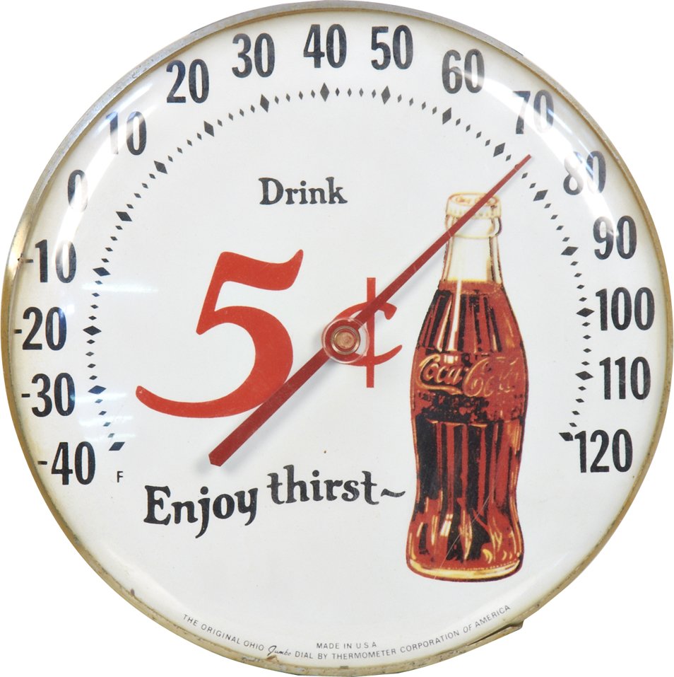 Vintage "Drink Coca Cola 5 Cents Enjoy Thirst" Round: Vintage "Drink Coca Cola 5 Cents Enjoy Thirst" Round Wall Thermometer featuring bottle picture, The Original Ohio Jumbo Dial by Thermometer Corporation of America - 12" diameter