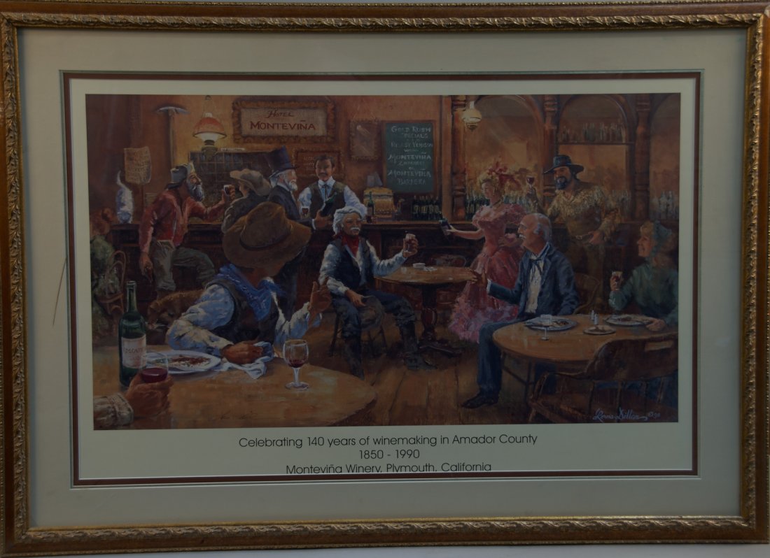 Montevina Winery Western Lorna Dillon Lithograph In Fan: Montevina Winery Western Lorna Dillon Lithograph In Fancy Frame, featuring saloon scene at Hotel Montevina, Signed by artist of original painting, "Celebrating 140 Years of Winemaking in Amador County