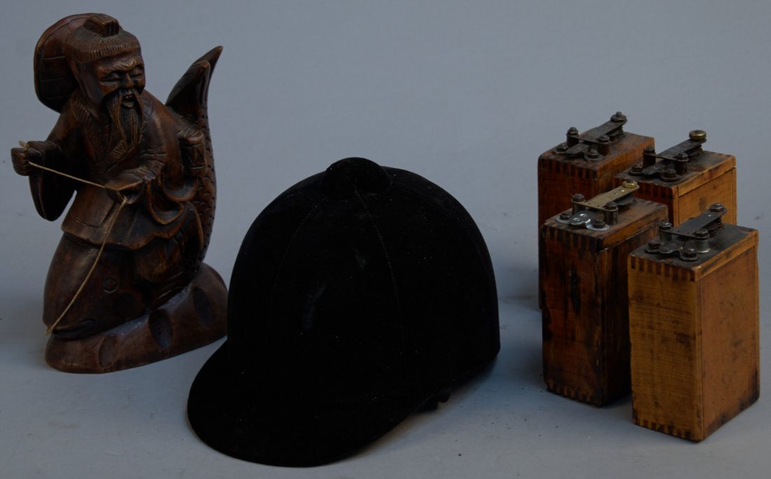Lot Of 6 Misc. Items:: Lot Of 6 Misc. Items: 4 - Model T Car Coils, 1 - Beaufort Hunting Cap & 1 - Hand-Carved Wooden Oriental Countertop Figural Statue of man on a fish - 10"h
