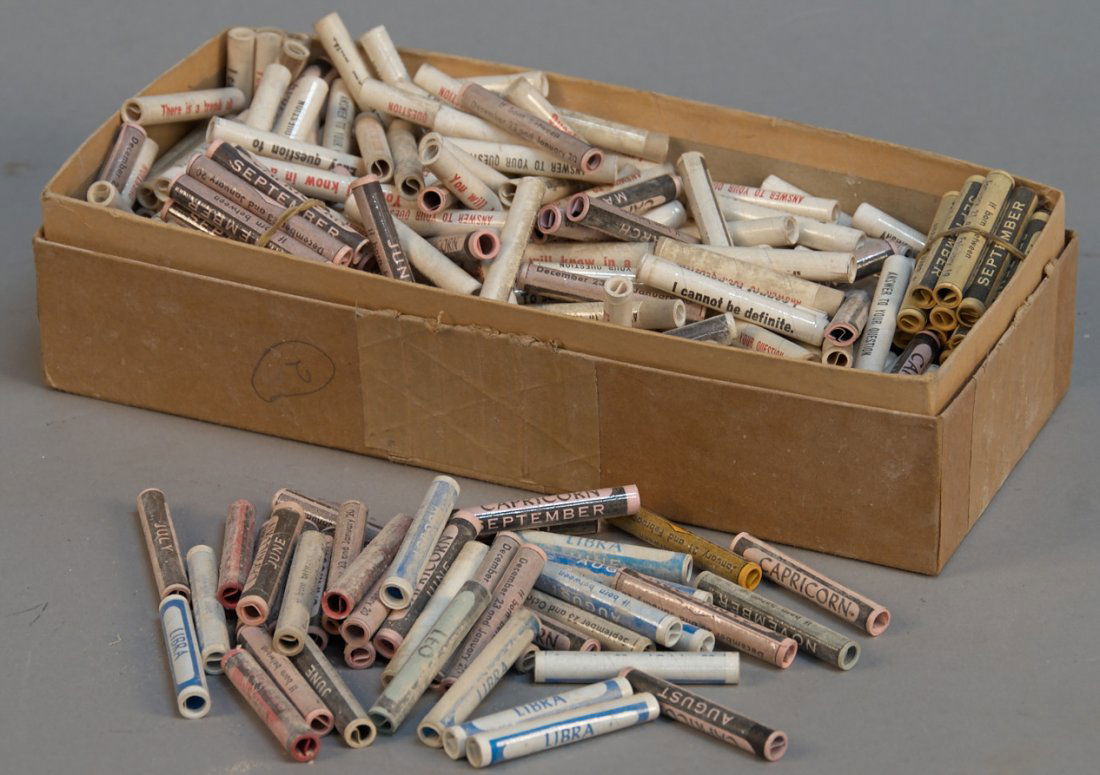 Box Lot Of Fortune Teller Horoscope Rolled Paper Fortun: Box Lot Of Fortune Teller Horoscope Rolled Paper Fortune Scrolls, Approx. 1000, Jan.-Dec. Astrological Sign "Answer to Your Question" Fortunes