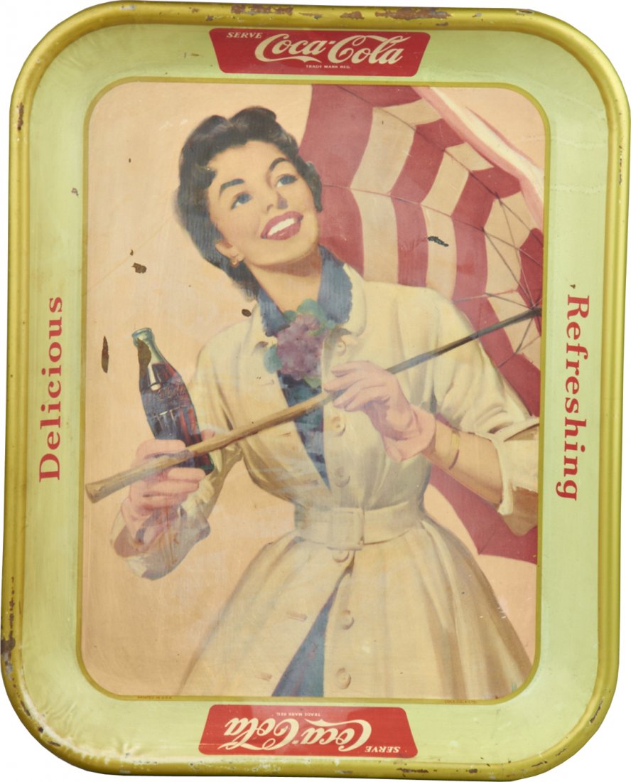 Vintage Serve Coca Cola Tin Serving Tray: Vintage Serve Coca Cola Tin Serving Tray featuring lady w/ umbrella "Delicious - Refreshing", Coca-Cola Ltd. c1957 - 10"w x 13"h