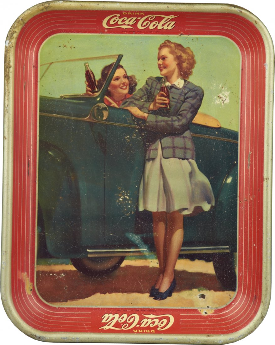 Vintage Drink Coca Cola Tin Serving Tray: Vintage Drink Coca Cola Tin Serving Tray featuring 2 ladies and car by The Coca-Cola Co. and The American Art Works, Coshocton, Ohio c1942 - 10"w x 13"h