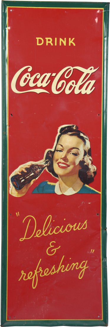 Drink Coca Cola Self Framed Tin Sign: Drink Coca Cola Self Framed Tin Sign featuring lady w/ bottle, "Delicious and Refreshing", Made in U.S.A. - A.A.W. - 2 - 2, Fair condition - 18" x 54"