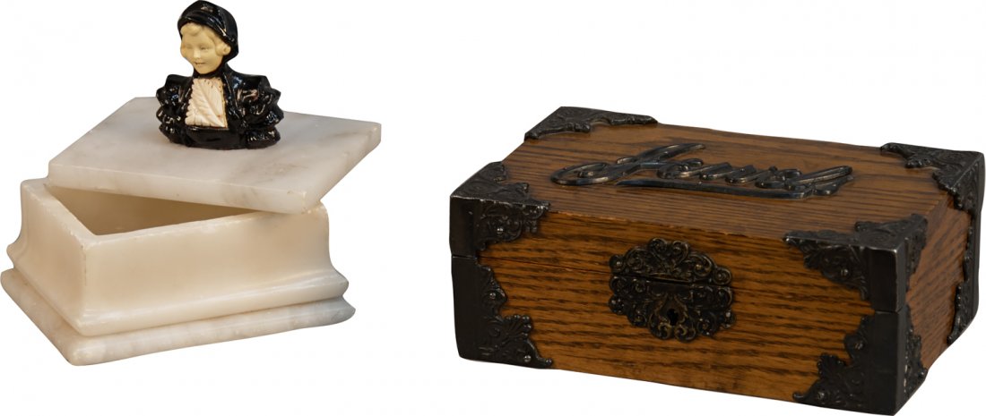Lot Of 2 Countertop Boxes:: Lot Of 2 Countertop Boxes: 1 - Wooden & Ornate Metal "Jewels" Jewelry Box w/ Keys And Silk Lining, Bracelet holder on inside - 8" x 5" x 3"h & 1 - White Marble Box w/ Lid w/ Woman Figure on Top - 5" x
