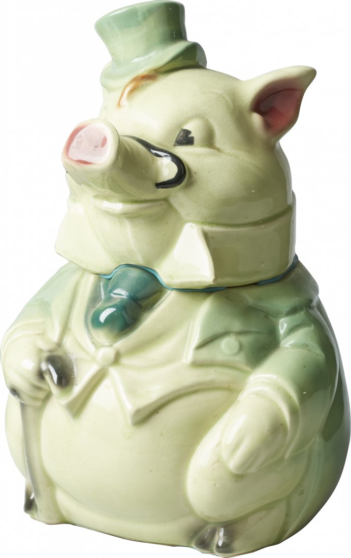 Brush Pottery Formal Pig w/ Green Coat Ceramic Cookie J: Brush Pottery Formal Pig w/ Green Coat Ceramic Cookie Jar, marked "W7 USA" on bottom, Winton designed, some crazing