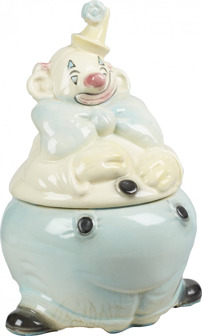 Brush Pottery Clown w/ Blue Pants Ceramic Cookie Jar: Brush Pottery Clown w/ Blue Pants Ceramic Cookie Jar, marked "W22 Brush USA" on bottom, Winton designed, c1965. Good condition w/ some crazing