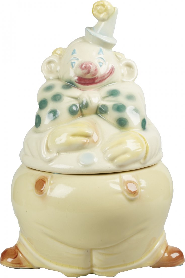 Brush Pottery Clown w/ Yellow Pants Ceramic Cookie Jar: Brush Pottery Clown w/ Yellow Pants Ceramic Cookie Jar, marked "W22 Brush USA" on bottom, Winton designed, c1965. Good condition