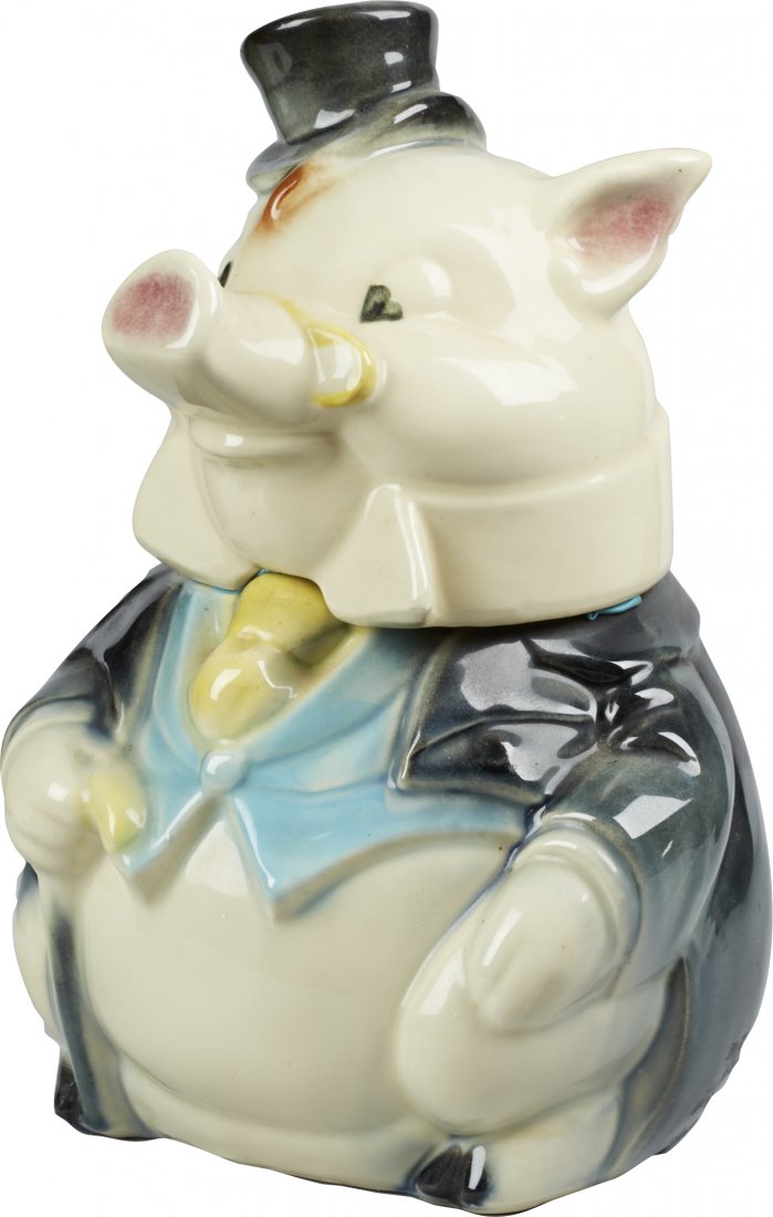 Brush Pottery Formal Pig Ceramic Cookie Jar: Brush Pottery Formal Pig Ceramic Cookie Jar, marked "W7 USA" on bottom, Winton designed. This is the version w/ the black coat, good condition