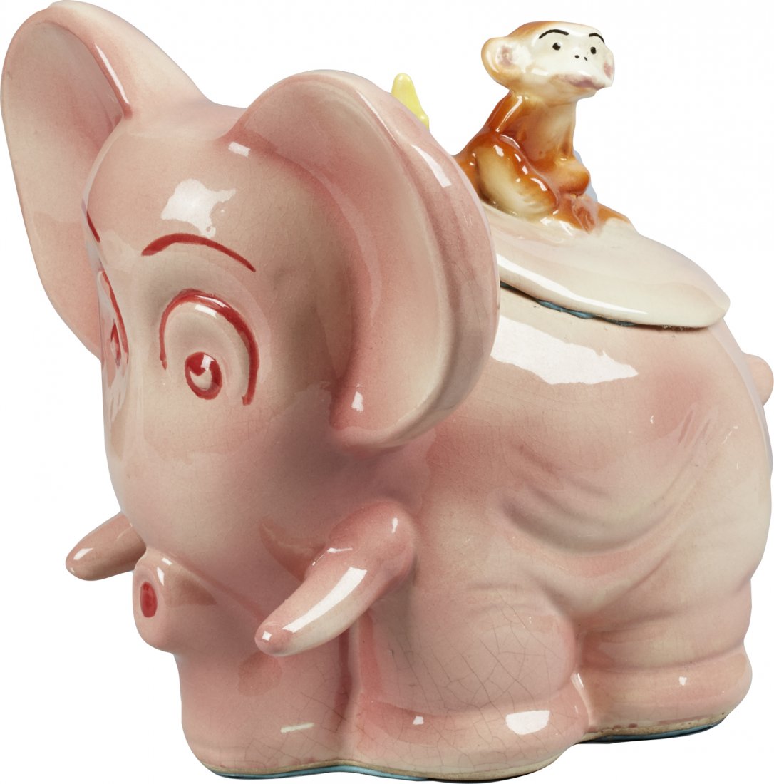 Brush Pottery Pink Elephant w/ Brushed Monkey Finial: Brush Pottery Pink Elephant w/ Brushed Monkey Finial Ceramic Cookie Jar, marked clearly "Brush USA" on bottom. Very rare, only 10-12 made. Good condition