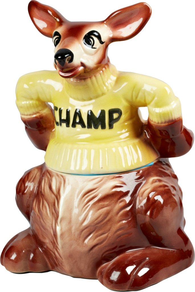 Warner Brothers Champ Kangaroo Ceramic Cookie Jar: Warner Brothers Champ Kangaroo Ceramic Cookie Jar, sculpted & designed by Don Winton for DeForest. This is the yellow sweater version. Very rare, unmarked, very nice condition w/ some crazing