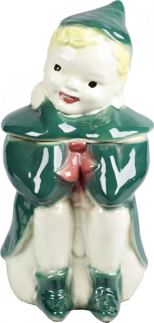 Brush Pottery Peter Pan Ceramic Cookie Jar: Brush Pottery Peter Pan Ceramic Cookie Jar, marked "K23 Brush USA" on bottom, c1956. This is the smaller size version, good condition