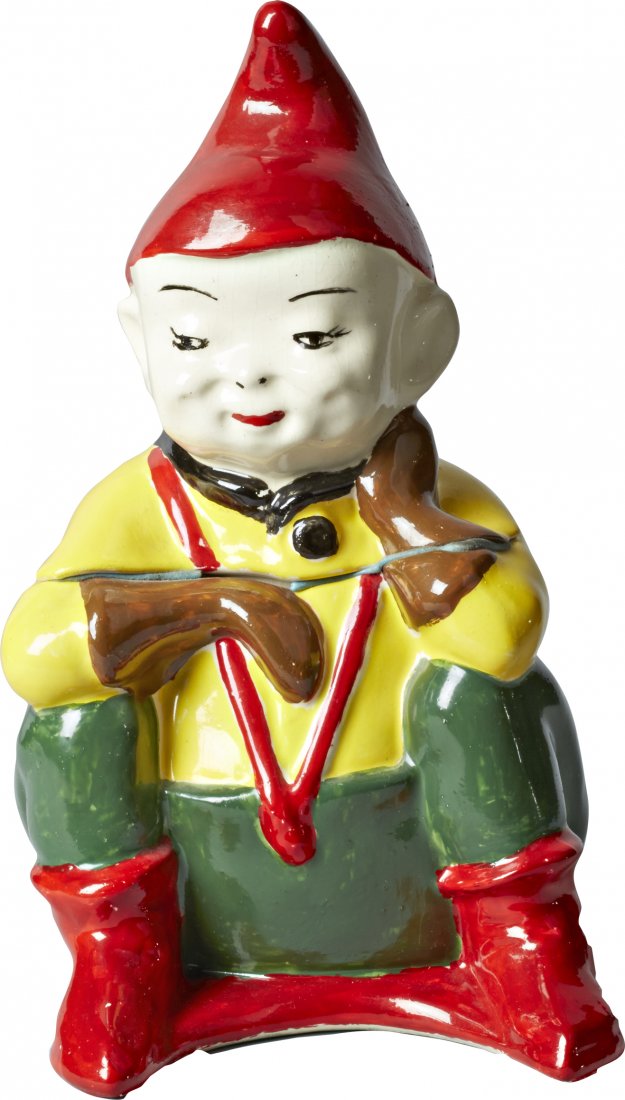 McCoy Pottery Multicolor Leprechaun Ceramic Cookie Jar: McCoy Pottery Multicolor Leprechaun Ceramic Cookie Jar, unmarked. Limited production, exceptionally rare. No red on the cheeks/ears, good condition