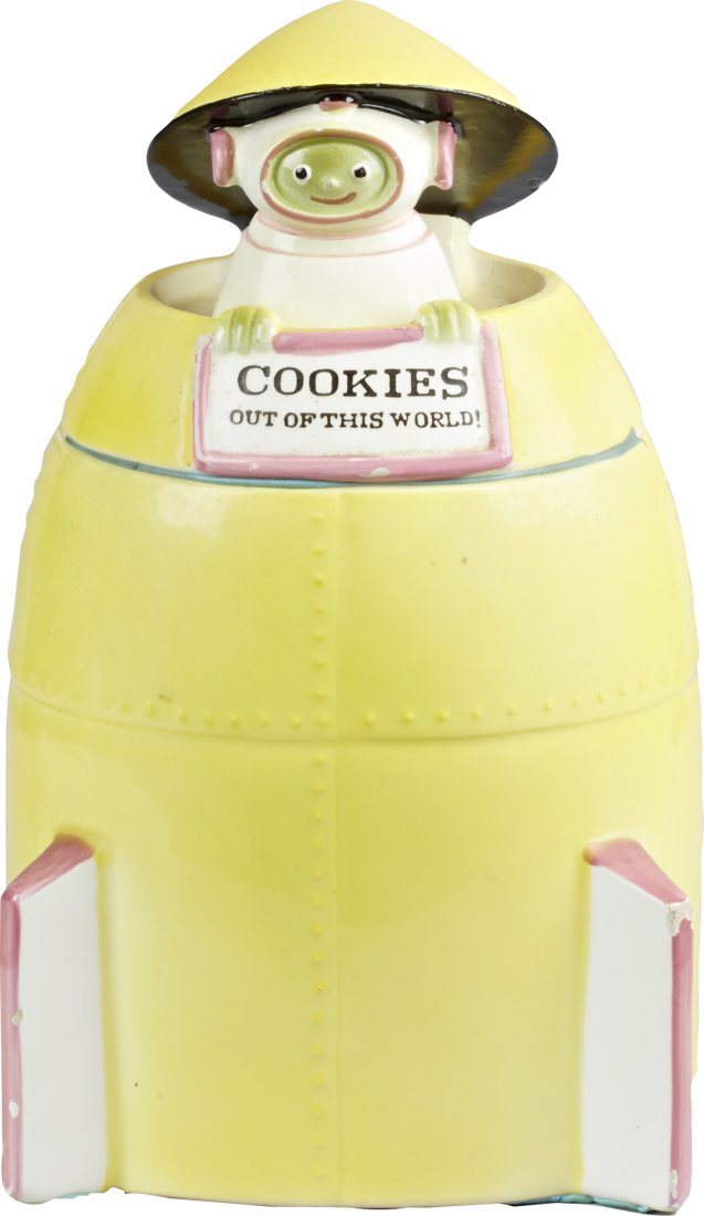 National Potteries Corporation Spaceship Ceramic Cookie: National Potteries Corporation Spaceship Ceramic Cookie Jar, marked "NAPCO 1961 Bedford Ohio K5324" on bottom w/ NAPCO Ceramics paper label. This is the yellow version, "Cookies Out Of This World!" on