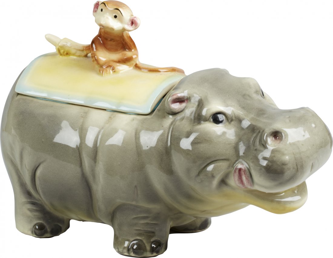Brush Pottery Laughing Hippo Ceramic Cookie Jar: Brush Pottery Laughing Hippo Ceramic Cookie Jar, marked "W27 Brush USA" on bottom, Winton designed, c1961. Hippo w/ monkey on its back, good condition w/ minor crazing