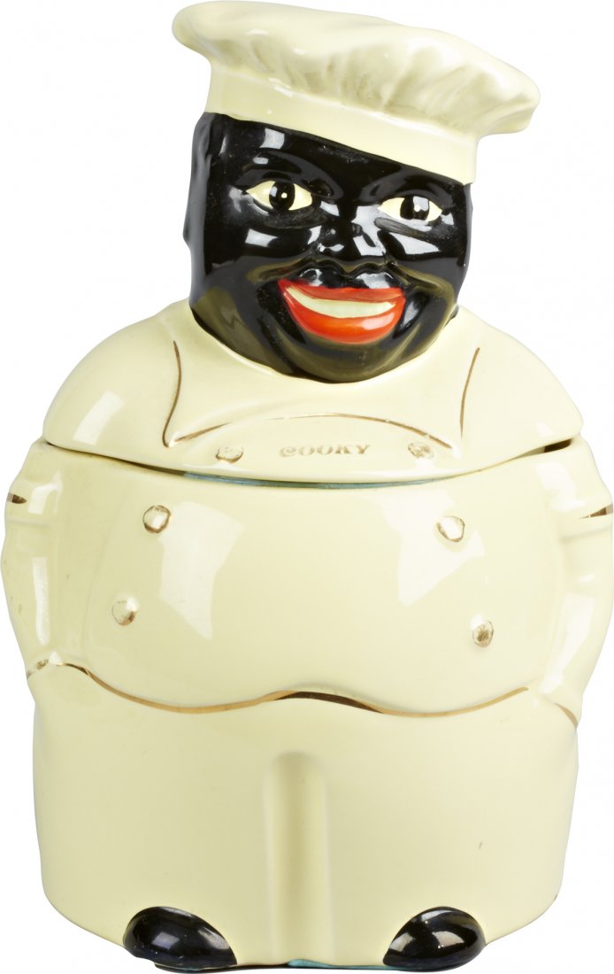 Black Americana Pearl China "Cooky" Chef Ceramic Cookie: Black Americana Pearl China "Cooky" Chef Ceramic Cookie Jar, marked w/ gold stamp "Pearl China Co. Hand Decorated 22 Kt. Gold USA - 639" on bottom. Has gold detailing, very nice condition