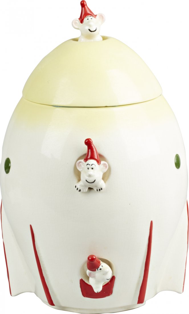 Sierra Vista Spaceship Ceramic Cookie Jar: Sierra Vista Spaceship Ceramic Cookie Jar, marked "Sierra Vista Ceramics Pasadena, Calif. Copyright 57" on bottom. All heads & hats are intact, some crazing