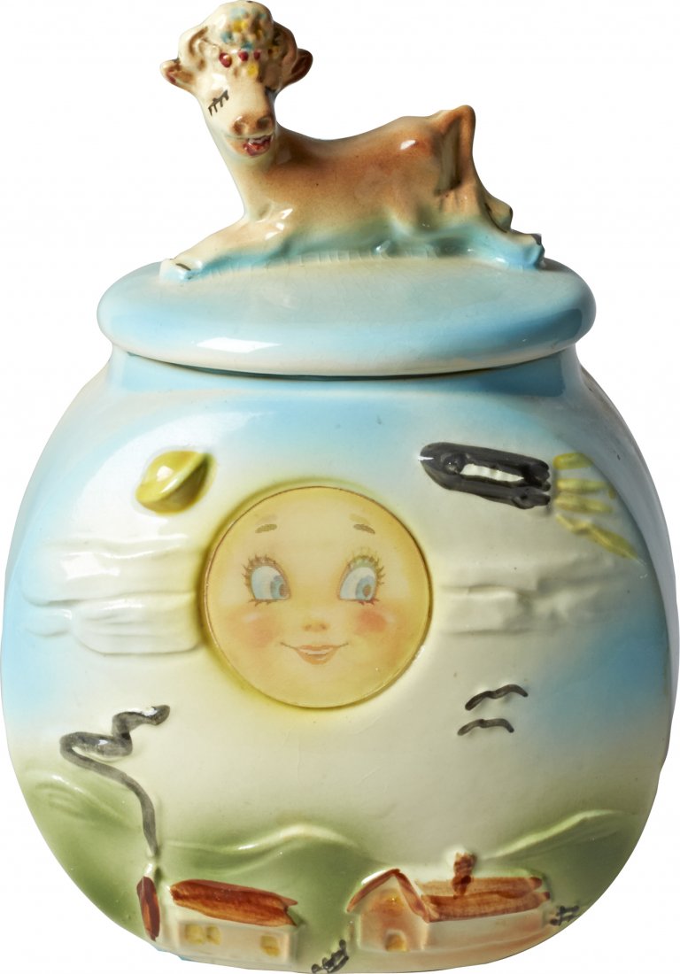 American Bisque Cow Jumped Over The Moon Flasher Cerami: American Bisque Cow Jumped Over The Moon Flasher Ceramic Cookie Jar, marked "806 USA" near bottom. Most beautiful of all the flashers and most difficult to find. Blemish/chip under the glaze in back b