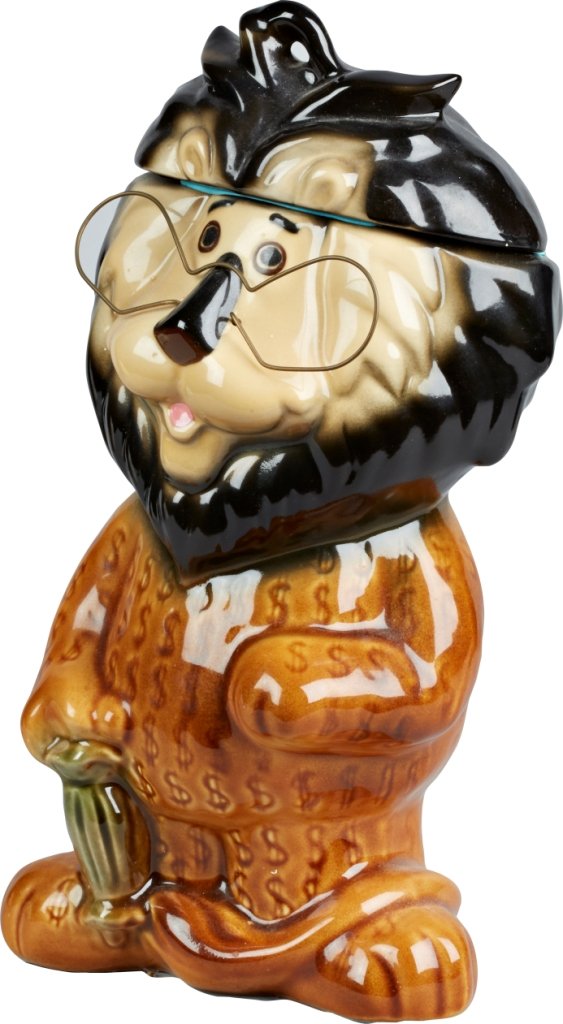 Regal China Co. Hubert The Lion Ceramic Cookie Jar: Regal China Co. Hubert The Lion Ceramic Cookie Jar, marked "Hubert Made In USA" on bottom. Produced for the Harris Bank in Chicago, IL. Only 1500 were made, has wire eyeglass frames. Good condition Ra