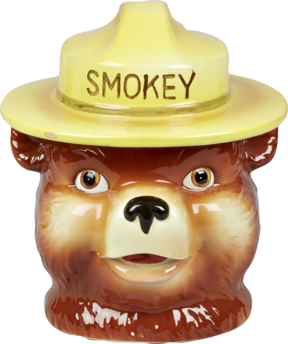 Norcrest Smokey The Bear Ceramic Cookie Jar: Norcrest Smokey The Bear Ceramic Cookie Jar, unmarked except for "Smokey" on the front of the hat and "Prevent Forest Fires!" on the back. Very small paint chip near the mouth, otherwise great conditi