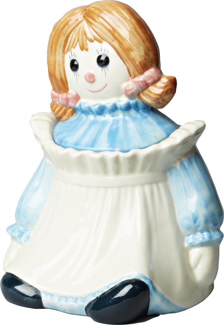 Metlox Pottery Raggedy Ann Ceramic Cookie Jar: Metlox Pottery Raggedy Ann Ceramic Cookie Jar, marked "Made In Poppytrail, Calif. USA" on bottom. This is the plain white dress version. Very small chip on the lid, hairline crack on the bottom, some
