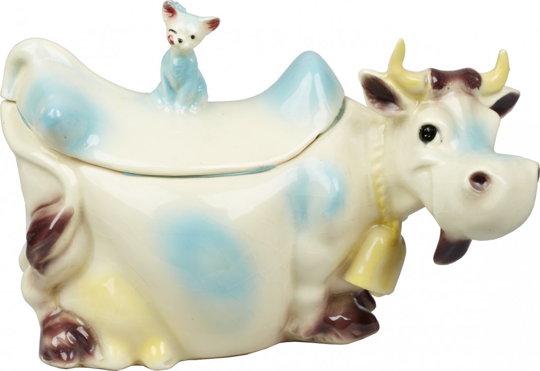 Brush Pottery Cow With Cat Finial Ceramic Cookie Jar: Brush Pottery Cow With Cat Finial Ceramic Cookie Jar, marked "W10 USA" on bottom, Winton designed, circa early 1950s. This is the blue & white version, has crazing and a small chip on the bottom of th