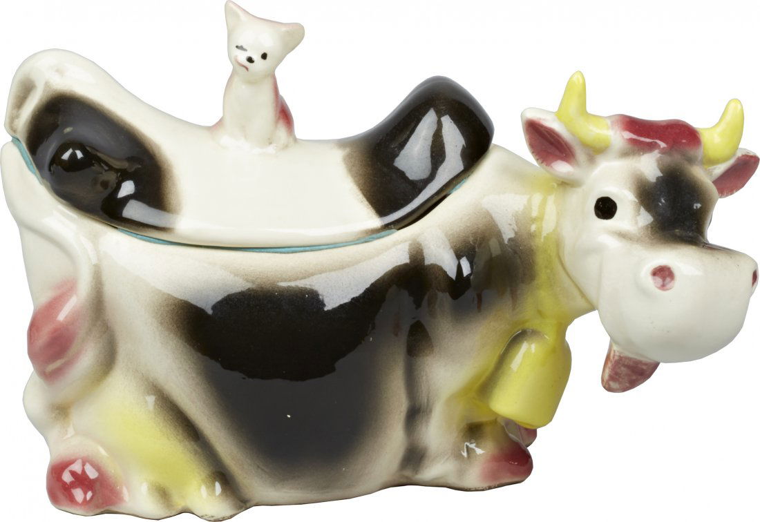 Brush Pottery Cow With Cat Finial Ceramic Cookie Jar: Brush Pottery Cow With Cat Finial Ceramic Cookie Jar, marked "Brush USA W10" on bottom, Winton designed, circa early 1950s. This is the black & white w/ pink cat version, slight crazing