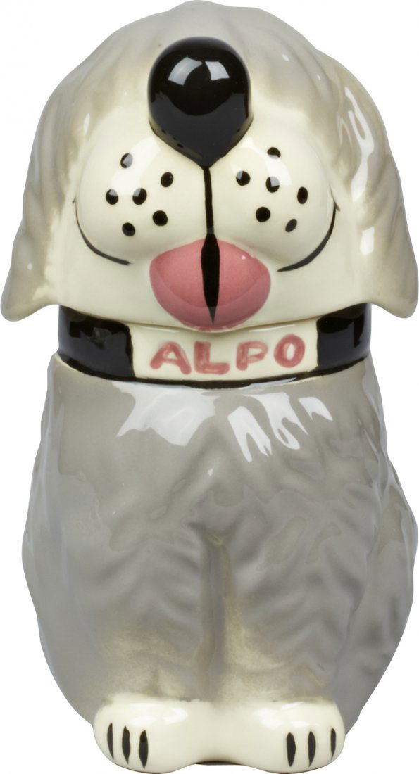 Alpo "Dan The Dog" Advertising Ceramic Cookie/Dog Biscu: Alpo "Dan The Dog" Advertising Ceramic Cookie/Dog Biscuit Jar, marked "USA Alpo Dan The Dog" on bottom (same as the Liv-R-Snaps dog). Very good condition