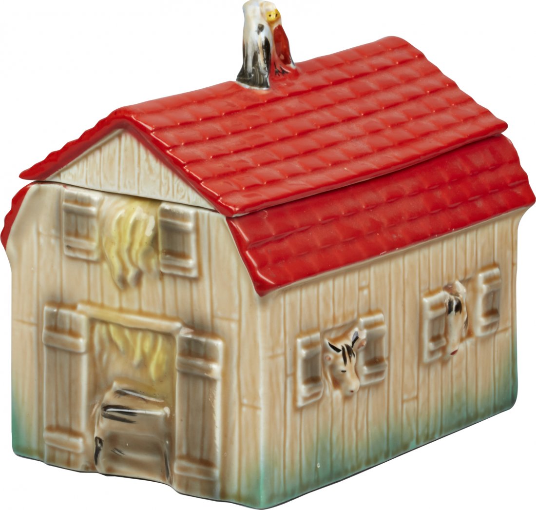 Regal China Co. Barn Ceramic Cookie Jar: Regal China Co. Barn Ceramic Cookie Jar, marked "381 Pat. Pending" on bottom. Hairline crack in barn roof/lid, chip on roof/lid