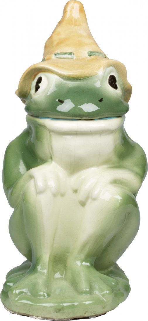 Brush Pottery Hillbilly Frog Ceramic Cookie Jar: Brush Pottery Hillbilly Frog Ceramic Cookie Jar, marked "43D" on bottom, c1969. Rare and sought after, has crazing but in otherwise good condition