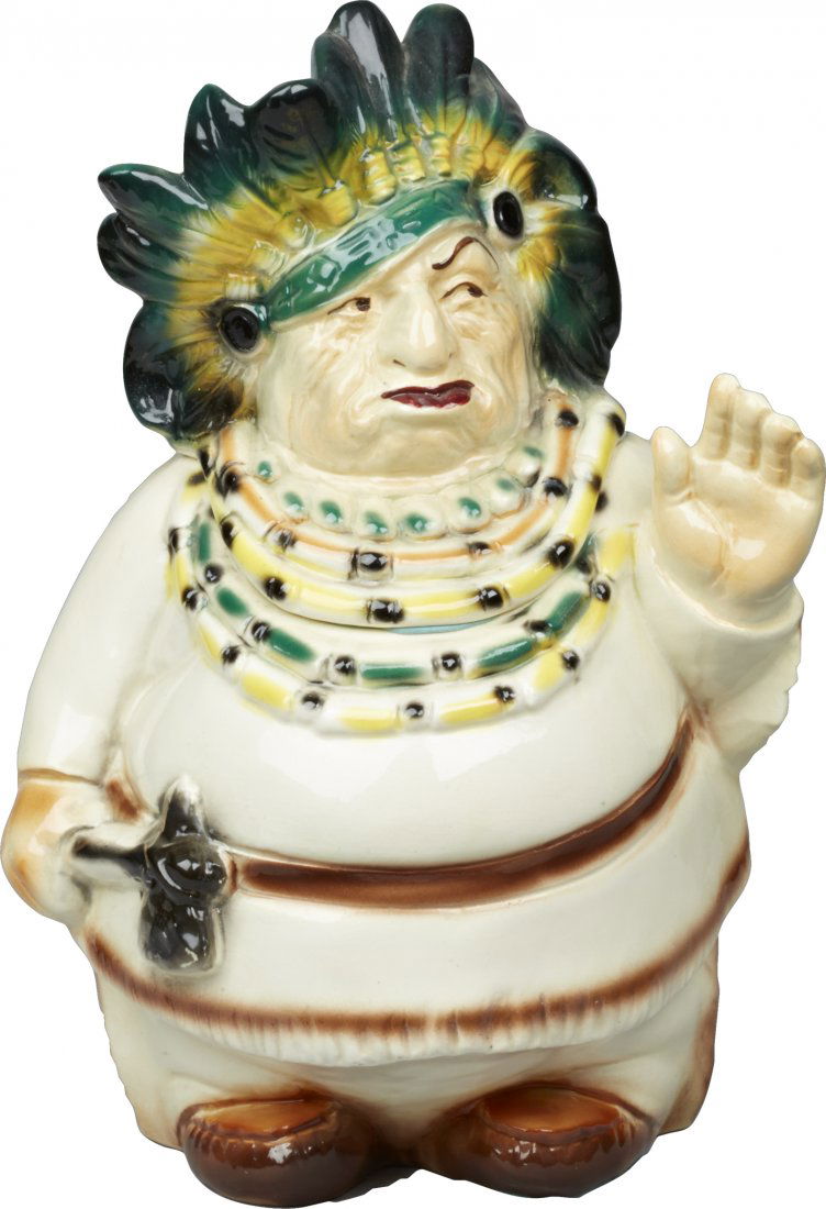 Lane & Co. Indian Chief Ceramic Cookie Jar: Lane & Co. Indian Chief Ceramic Cookie Jar, marked "Copyright 1950 Lane & Co. Los Angeles, Calif. R. Nickerson" (artist) on bottom. Has some crazing but otherwise good condition 13" tall