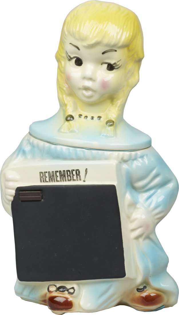 American Bisque Blackboard Girl Ceramic Cookie Jar: American Bisque Blackboard Girl Ceramic Cookie Jar, marked "Patent Pending USA" on bottom and "USA" near bottom, "Remember!" above the chalkboard in the front. Good condition