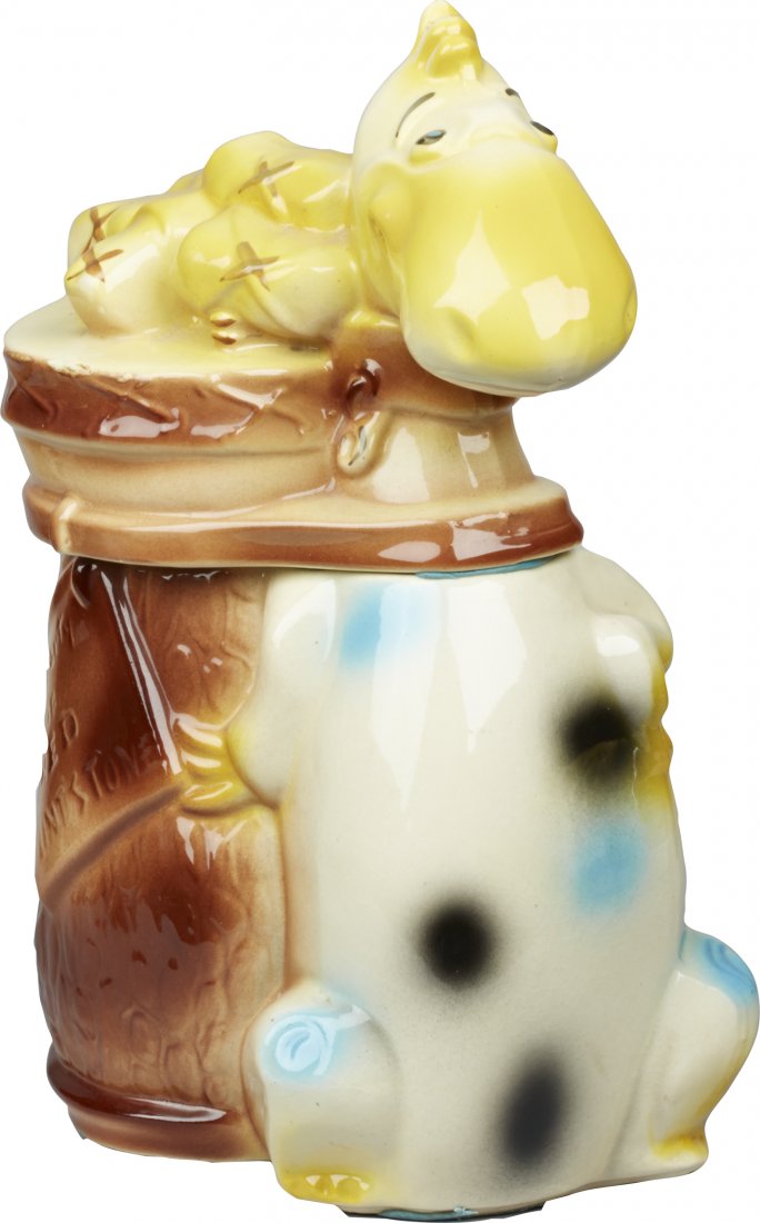 American Bisque Dino With Golf Clubs Ceramic Cookie Jar: American Bisque Dino With Golf Clubs Ceramic Cookie Jar, marked "Property of Fred Flintstone" on the front of the clubs and "USA" near bottom. Some crazing and small blemishes (one small paint chip),