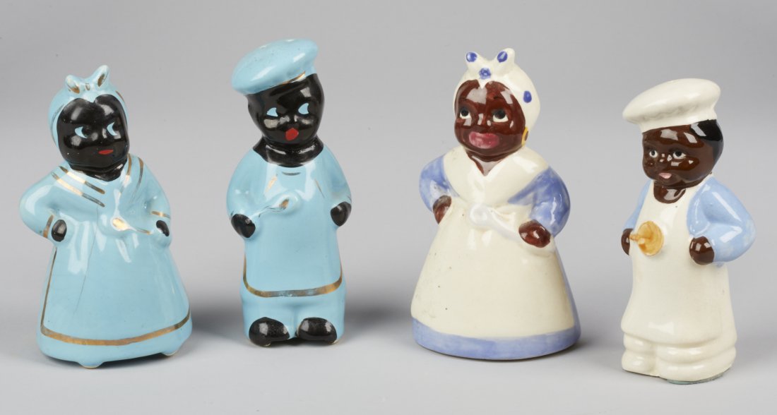 Lot of 2 Sets Of Black Americana Salt & Pepper Shakers:: Lot of 2 Sets of Black Americana Salt & Pepper Shakers: 1 - Set of 2 Brayton Laguna blue w/ gold trim Chef & Mammy shakers & 1 - Set of 2 Brayton Laguna blue & white w/ polka dot scarf Chef & Mammy sh