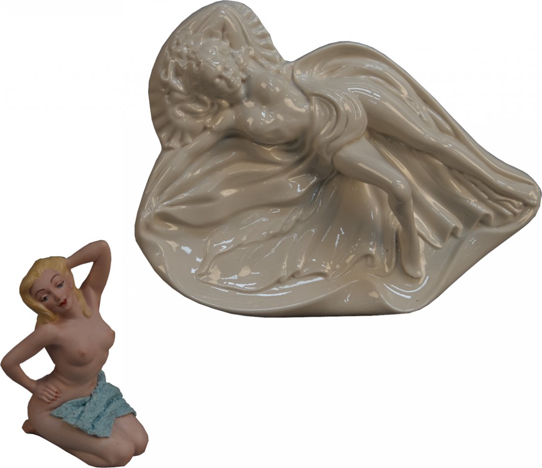 Lot of 2 Vintage Holland Mold Pin Up Girl Nude Porcelai: Lot of 2 Vintage Holland Mold Pin Up Girl Nude Porcelain Figures: 1 - Blonde kneeling - 5"h & 1 - White tray - 9" x 8"