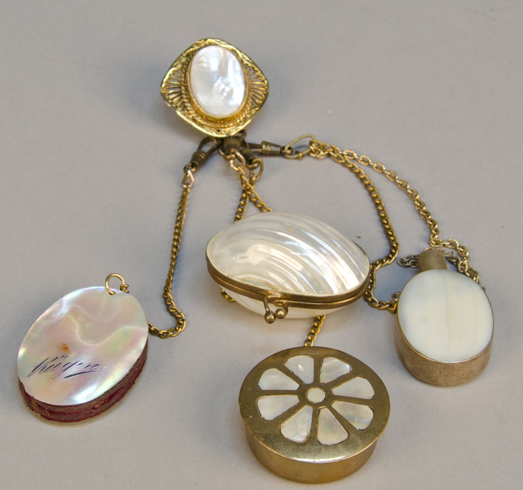 Antique Victorian 5PC Chatelaine Mother-of-Pearl: Antique Victorian 5 Piece Chatelaine, Mother-of-Pearl, c1800s