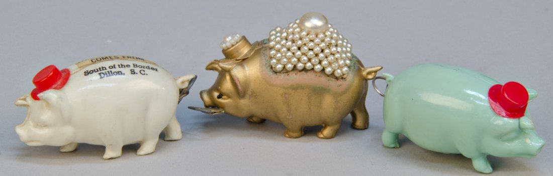 Lot of 3 Tape Measures: Lot of 3 Tape Measures, 1- Celluloid Fancy Gold Pig Tape Measure, Pearl Decorated, 1- Celluloid Fancy Baby Blue Pig with Red Hat Tape Measure, 1- Fancy White Pig with Red Hat, Advertising South of the