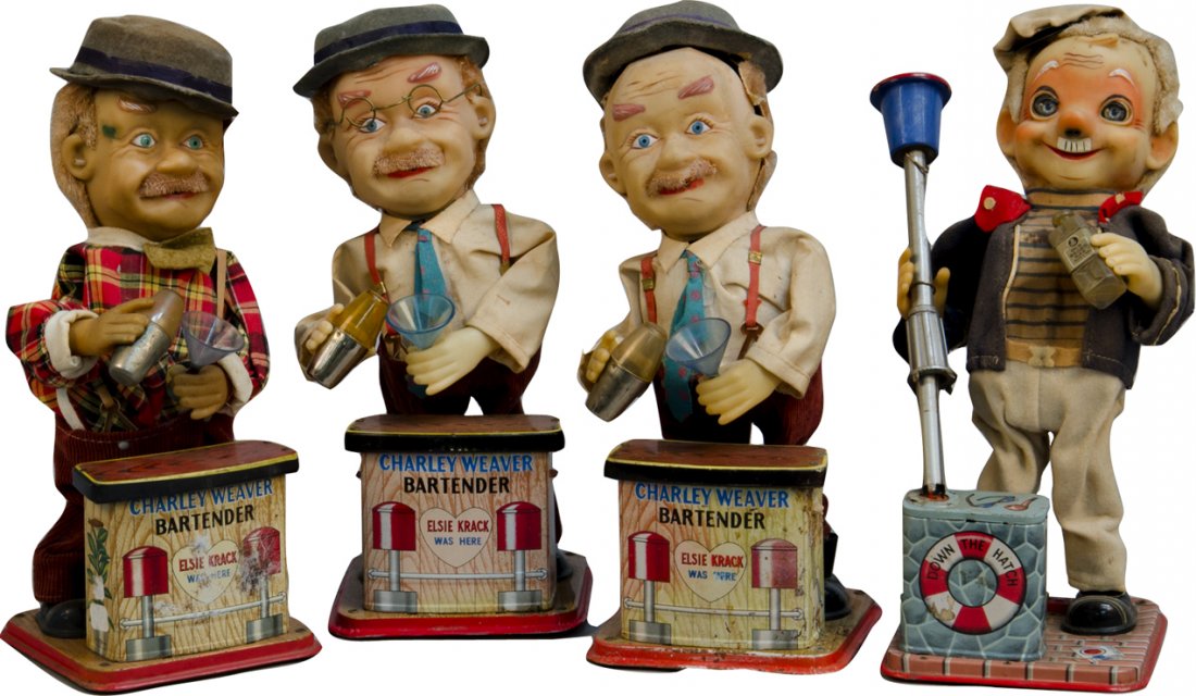 Lot of 4 Countertop Figural Battery-Operated Mechanical: Lot of 4 Countertop Figural Battery-Operated Mechanical Animated Toys: 3 - Charley Weaver Bartender "Elsie Krack Was Here" & 1 - "Down The Hatch" Drunk Sailor At The Light Pole. All are rubber figures