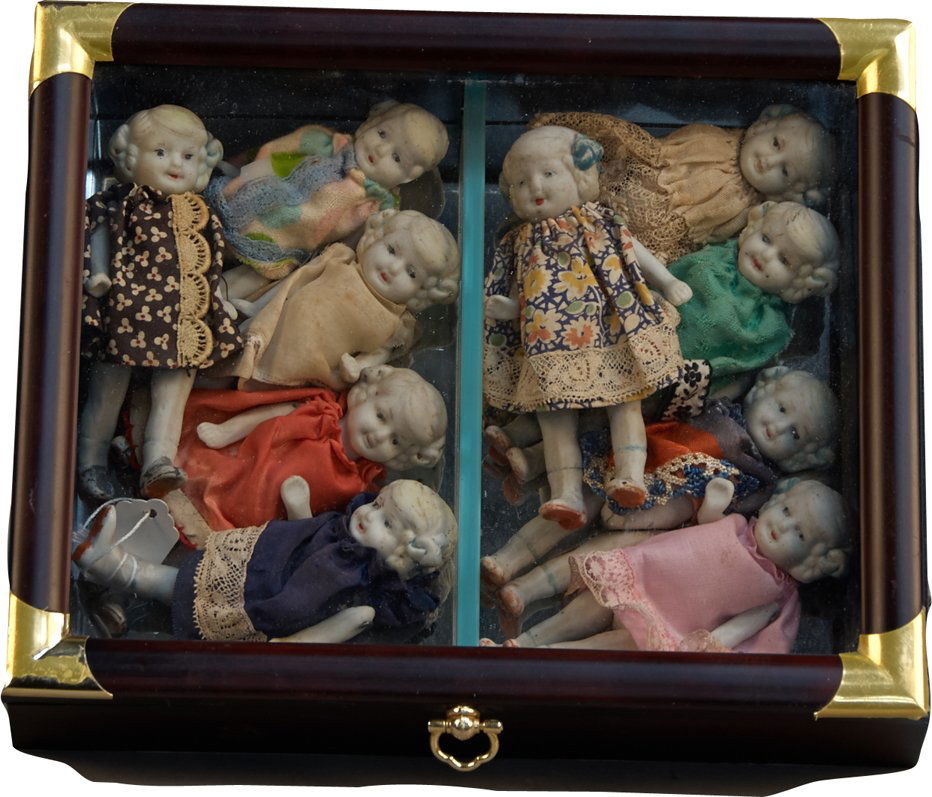 Lot of 9 Early Small Porcelain Dolls in Wood & Glass Mi: Lot of 9 Early Small Porcelain Dolls in Wood & Glass Mirrored Display Box, - 5"h each (dolls) & 10" x 8" (box)