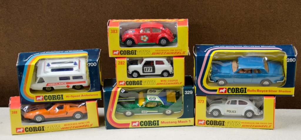 Lot Of 7 - Corgirtoys, Mettoy, Great Britian Model Vehi: Lot Of 7 - Corgirtoys, Mettoy, Great Britian Model Vehicle Toys c1970's: 1 - #282 Mini Cooper, 1 - #329 Mustang Mach 1, 1 - #388 Mercedes Benz CIII, 1 - #383 Volkswagon 1200 Beetle, 1 - #373 Police Vo