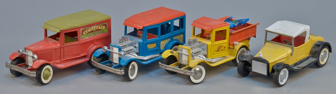 Lot Of 4 - Vintage Misc. Steel Model Toy Vehicles c1960: Lot Of 4 - Vintage Misc. Steel Model Toy Vehicles c1960's: 1 - OL' Buddys Pie Wagon, Buddy 'L', Japan (red) - 11"l., 1 - OL' Buddys Dump Truck, Buddy 'L', Japan (yellow & orange) - 11"l., 1 - OL' Budd