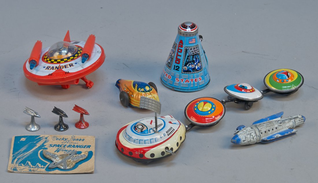 Lot Of 9 - Vintage Misc. Space Toys, Including: Lot Of 9 - Vintage Misc. Space Toys, Including: "Apollo 12" Capsule - 4"h., "Buck Rogers Battle Cruiser" - 5"l., "Spaceship-X" pulling 3 flying saucers - 12"l., etc., all in great condition