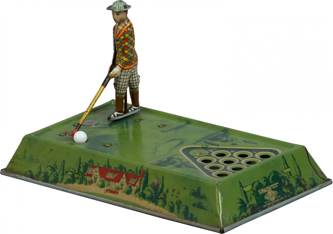 Strauss "Play Golf" No. 110 Tin Litho. Countertop Wind-: Strauss "Play Golf" No. 110 Tin Litho. Countertop Wind-Up Golf Toy Game w/ marble ball, Strauss Mechanical Toys, The Ferdinand Strauss Corp., New York, U.S.A.