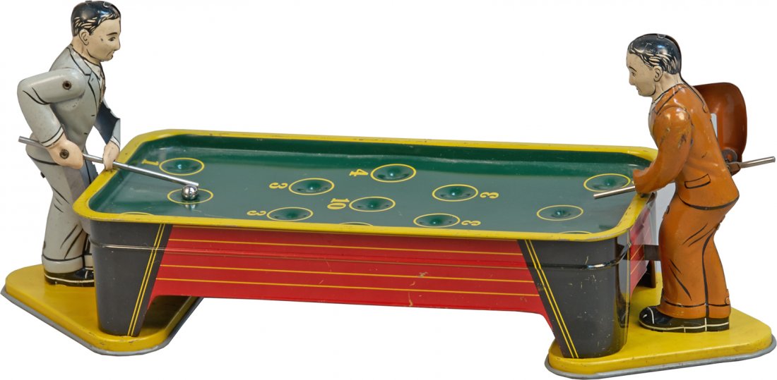 Ranger Steel Products Wind-Up Tin Litho. Billiards Mech: Ranger Steel Products Wind-Up Tin Litho. Billiards Mechanical Pool Table Toy Game w/ 4 metal balls & 2 players, c1940s