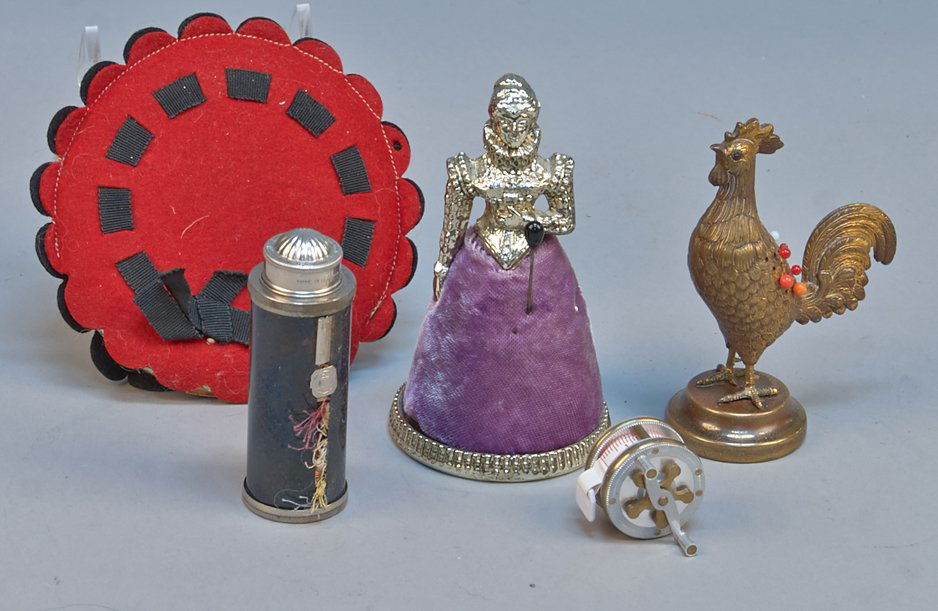 Lot of 5 Sewing Accessories: Lot of 5 Sewing Accessories, 1- Antique Etui- Tape Measure, Thimble, Thread, Pins & Needles, 1- Lady's Dress Pin Cushion, 1- Antique Figural Brass Gilt Rooster Cockerel Pin Cushion, c1880, 1- Mirror C