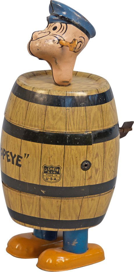 Popeye Barrel Walker: Popeye Barrel Walker J. Chein, c1932, litho. tin, wind-up - 7"h. In excellent condition, works